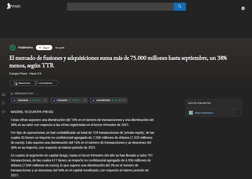 El mercado de fusiones y adquisiciones suma ms de 75.000 millones hasta septiembre, un 38% menos, segn TTR